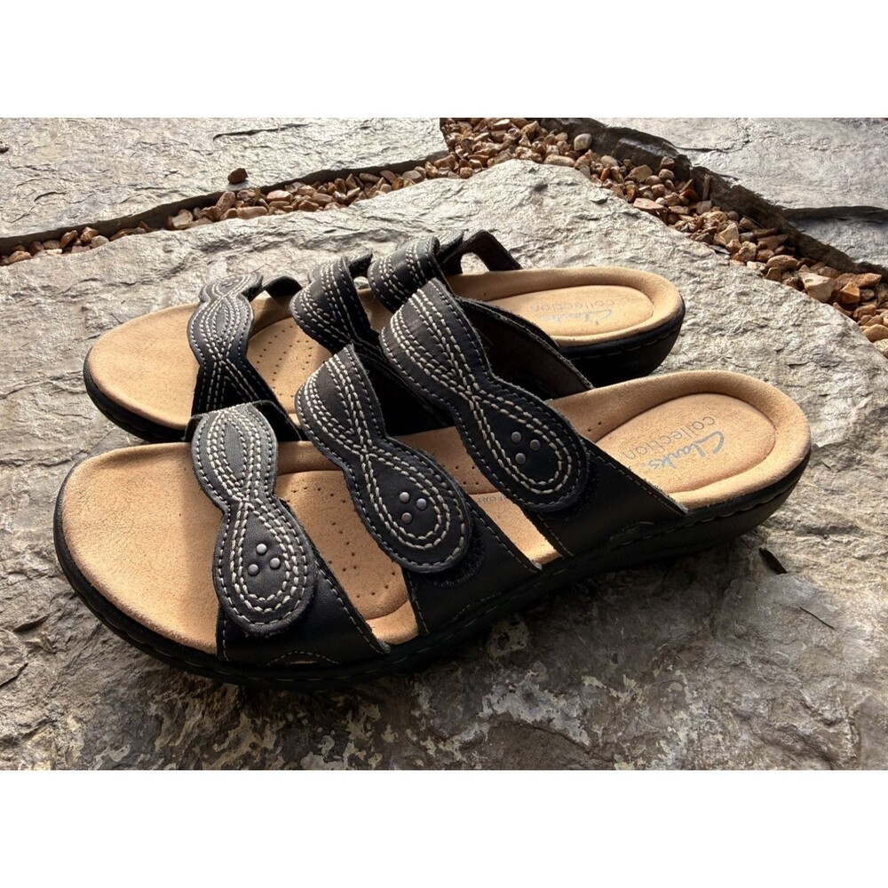 Clarks Leisa Cacti Q Sandal Women Size Black Leather Adjustable Comfort Slides